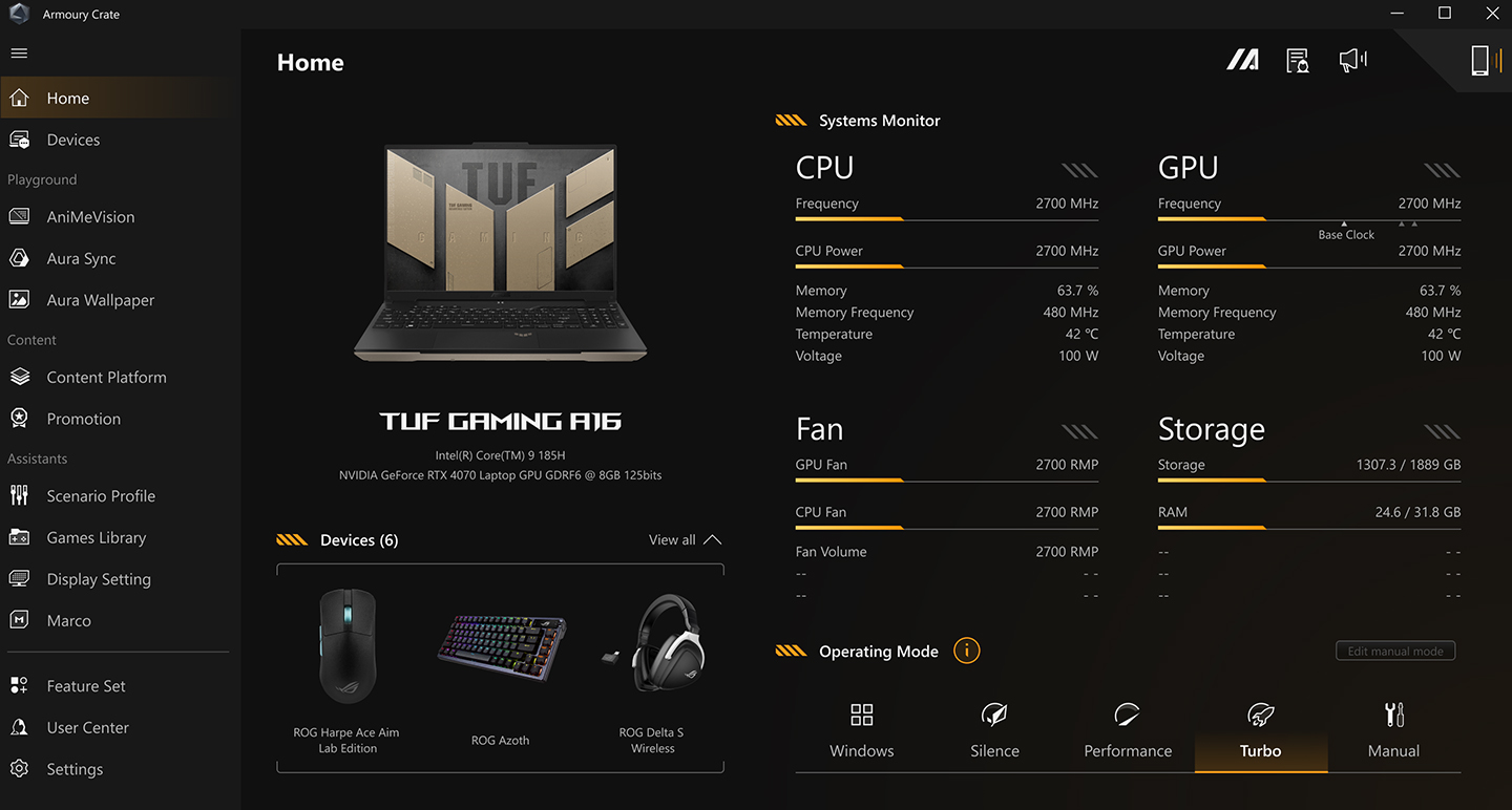 UI of Armoury Crate in TUF Gaming theme